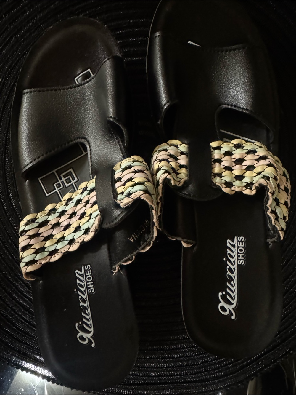 Women's Black Slide Sandals with Multicolor Braided Strap